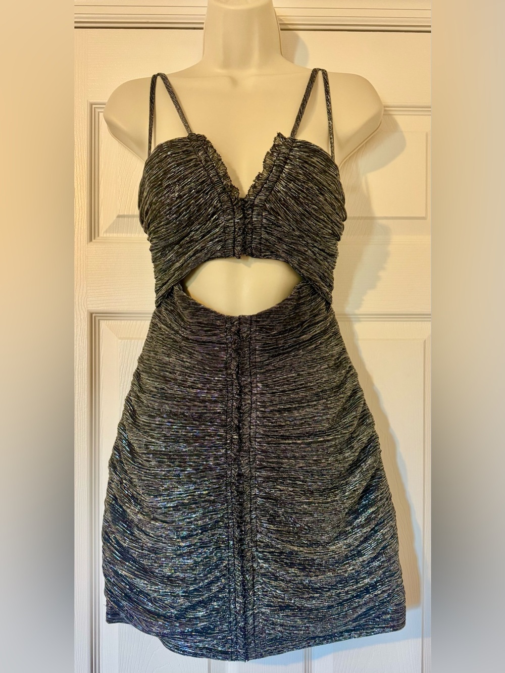 AllSaints Black Metallic Ruched Cutout Mini Dress perfect New Year’s Eve dress!